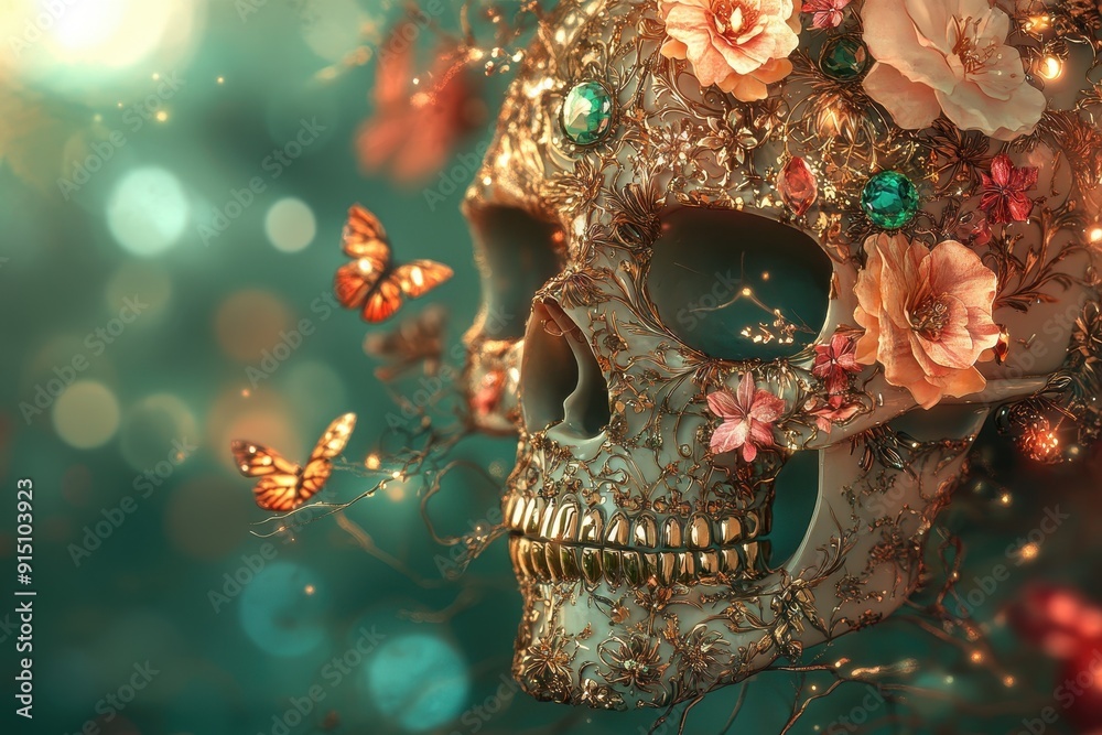 Naklejka premium a skull with vibrant flowers blend realism with fantasy, combining elegance and macabre in beautiful harmony.