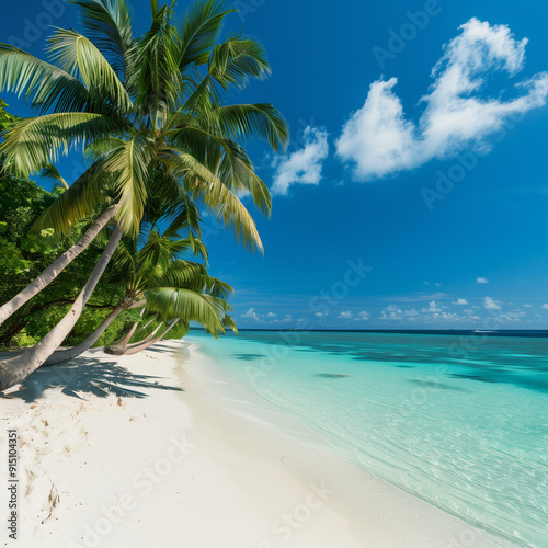 A pristine white sand beach fringed by palms overlooking turquoise ocean waters photo