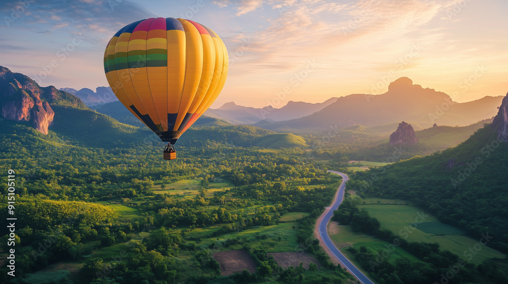 Fototapeta premium At sunrise, a colorful hot air balloon rises above the green valley, creating an amazing contrast with the blue sky and surrounding mountains.