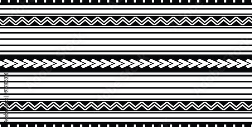 Polynesian tattoo design tribal border.Tribal design ethnic ornament maori band.Samoan Tattoo ribbon sleeve bracelet.Fabric seamless isolated hawaiian armband pattern on white background.