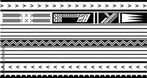 Polynesian pattern tribal tattoo border. Tribal tattoo geometric fore arm samoan band.Tattoo eps forearm samoan sleeve bracelet.Fabric seamless isolated hawaiian pattern on white background.