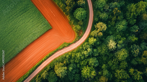 Photorealistic drone view of a picturesque rural landscape with vast farmland and winding roads. photo