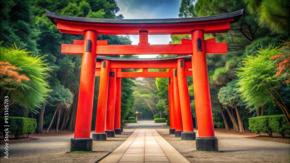 A Walk Through the Red Torii Gates A Vibrant Composition of Japanese Architecture in a Lush Green Forest A Walk Through the Red Torii Gates A Vibrant Composition of Japanese Architecture in a Lush Green Forest