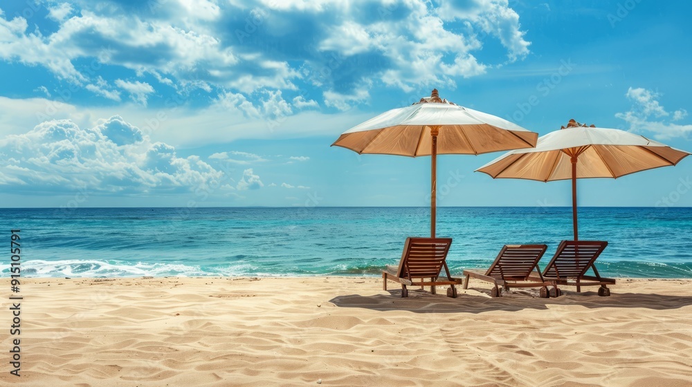 Relaxing beach scene with two lounge chairs and umbrellas on a sunny day. Relaxing beach scene with two lounge chairs and umbrellas on a sunny day.