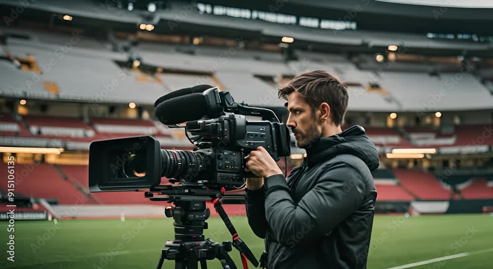 Man with TV camera in a football stadium. Man with TV camera in a football stadium.