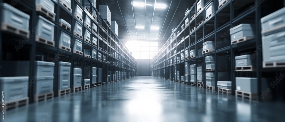 Modern, well-organized warehouse with shelves filled with packed boxes, bathed in bright light pouring in from above. Modern, well-organized warehouse with shelves filled with packed boxes, bathed in bright light pouring in from above.