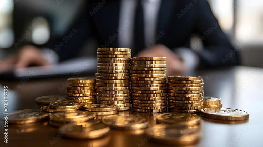 Gold Coins Stacked on a Table. Gold Coins Stacked on a Table.