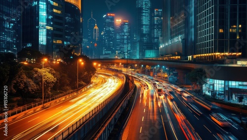 Nighttime Cityscape with Blurry Lights of Cars