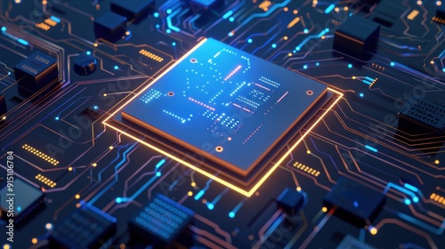 Glowing Processor on Circuit Board