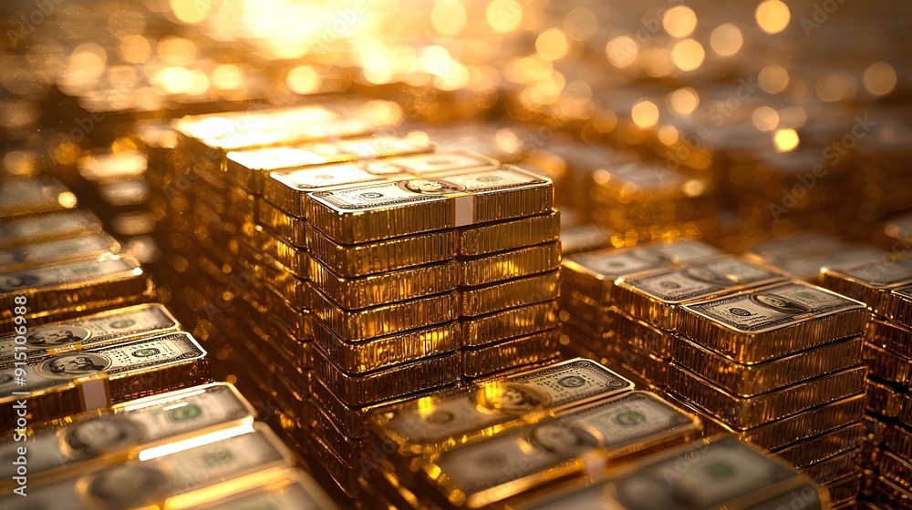 Stacks of Golden Dollar Bills. Stacks of Golden Dollar Bills.