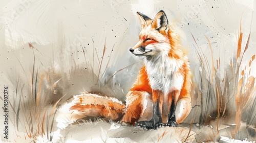 Beautiful Watercolor Painting Of A Fox In Nature