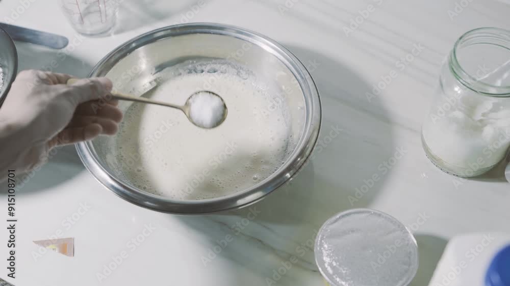 Preparation steps for making bread: Hands are putting sugar, yeast, warm water and in a cup, then mixing the ingredients. Preparation steps for making bread: Hands are putting sugar, yeast, warm water and in a cup, then mixing the ingredients.