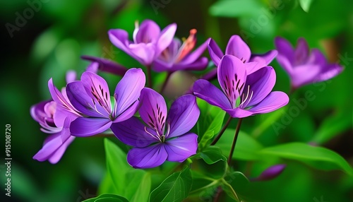 Purple flowers bloom against the green leaves, elegant and beautiful.