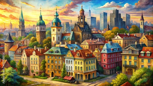 Atop the City Oil Painting of European Architecture, Steeples, and a Vibrant Skyline at Sunset - Digital Art, Cityscape, Architecture, Sunset, Europe