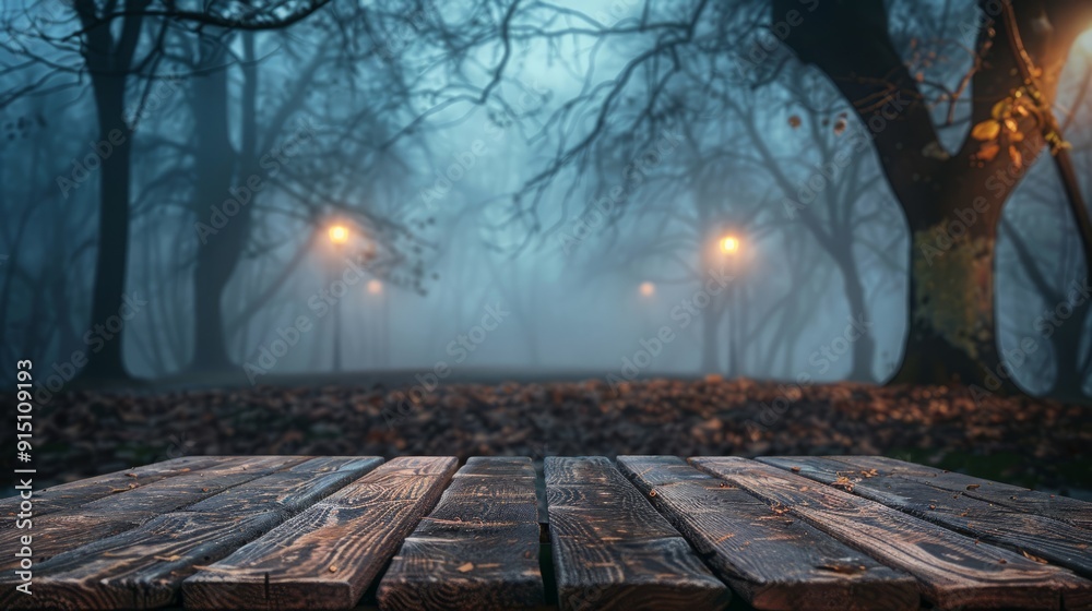 A wooden table sits in the foreground of a foggy, nighttime scene in a forest.