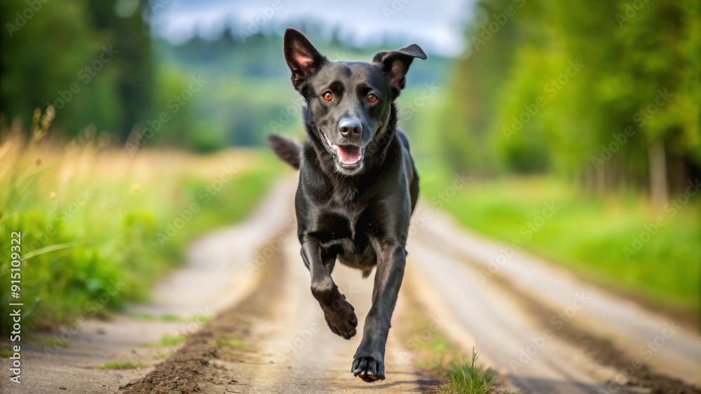 Black Labrador Retriever Running on a Dirt Road - Canine Joy, Dog Photography, Outdoor Adventure, Pet Portrait, Happy Dog, Nature Photography, Animal Lovers