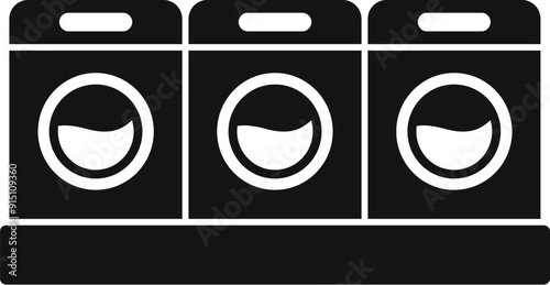 Black simple icon of three washing machines standing in row, representing laundromat or self service laundry