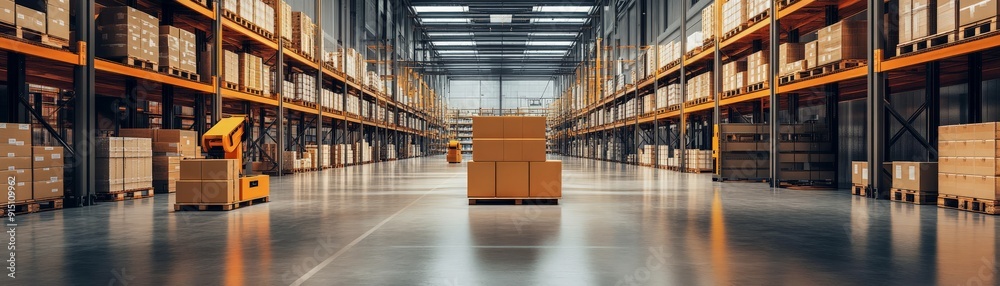 Spacious warehouse with neatly stacked shelves, filled with various boxes and pallets, highlighting the efficiency of inventory management. Spacious warehouse with neatly stacked shelves, filled with various boxes and pallets, highlighting the efficiency of inventory management.