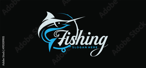 fishing logo design, Fishing Logo in the sea Fish Hunter Logo Design Template with Hook concept.