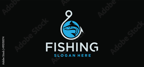 fishing logo design, Fishing Logo in the sea Fish Hunter Logo Design Template with Hook concept.