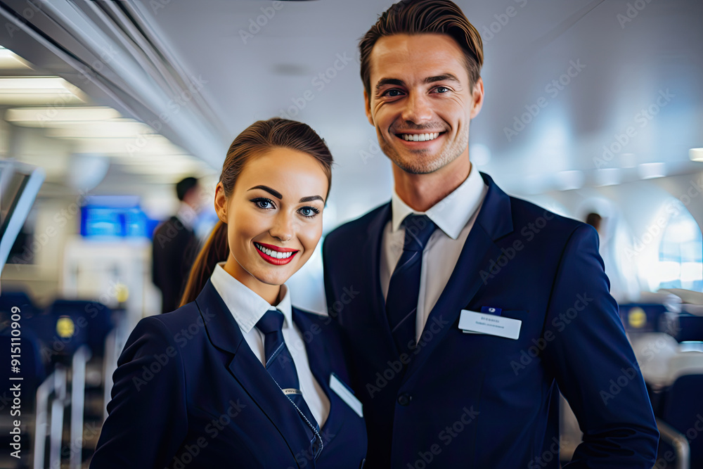 Smiling Stewards in Uniform Inside Aircraft, Flight Attendant, Airplane Flight Service Smiling Stewards in Uniform Inside Aircraft, Flight Attendant, Airplane Flight Service