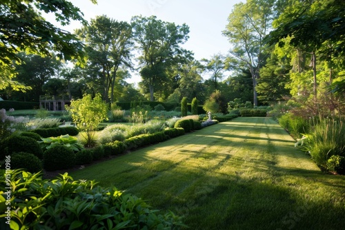 a beautifully landscaped scene showcasing a lush canopy and neatly trimmed hedgerows. 