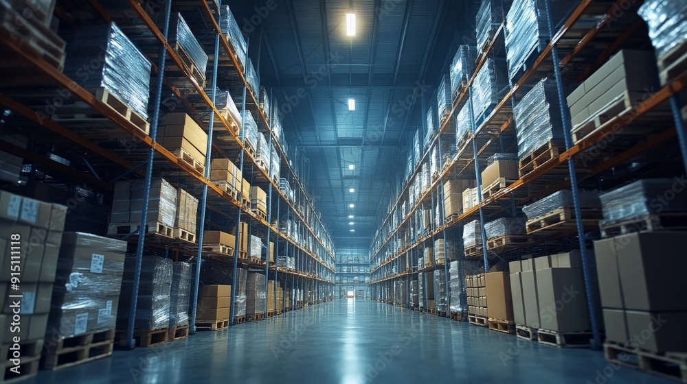 Vast warehouse interior with shelves stocked with various goods, creating a serene and organized blue-toned industrial space. Vast warehouse interior with shelves stocked with various goods, creating a serene and organized blue-toned industrial space.