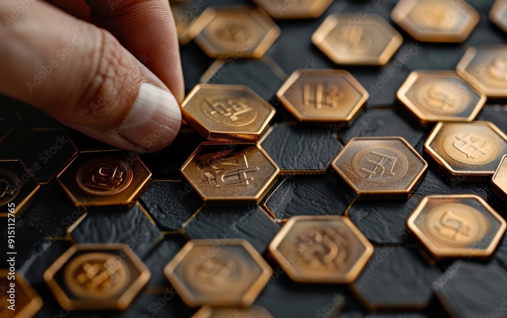 A Hand Picking up a Cryptocurrency Token from a Grid of Coins A Hand Picking up a Cryptocurrency Token from a Grid of Coins