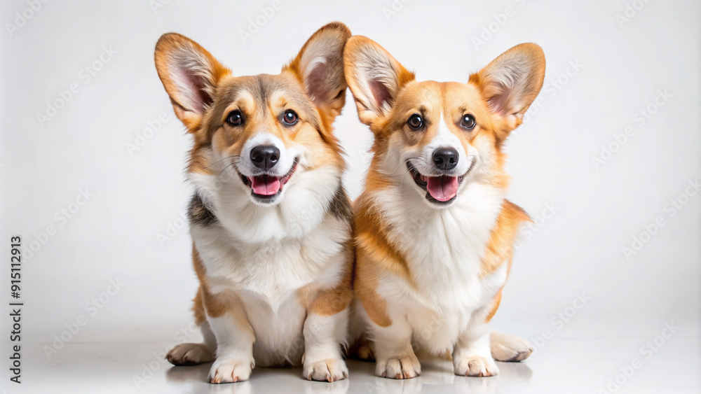 Adorable pair of purebred Pembroke Welsh Corgis pose together, showcasing their distinctive markings and loving expressions, against a clean white studio background with ample copy space. Adorable pair of purebred Pembroke Welsh Corgis pose together, showcasing their distinctive markings and loving expressions, against a clean white studio background with ample copy space.