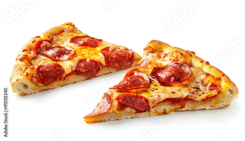 Two slices of cold leftover pepperoni pizza against a white background isolated on a white background design