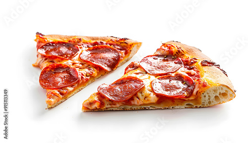 Two slices of cold leftover pepperoni pizza against a white background isolated on a white background design