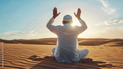 Man in White Clothing Praying in Desert at Sunset