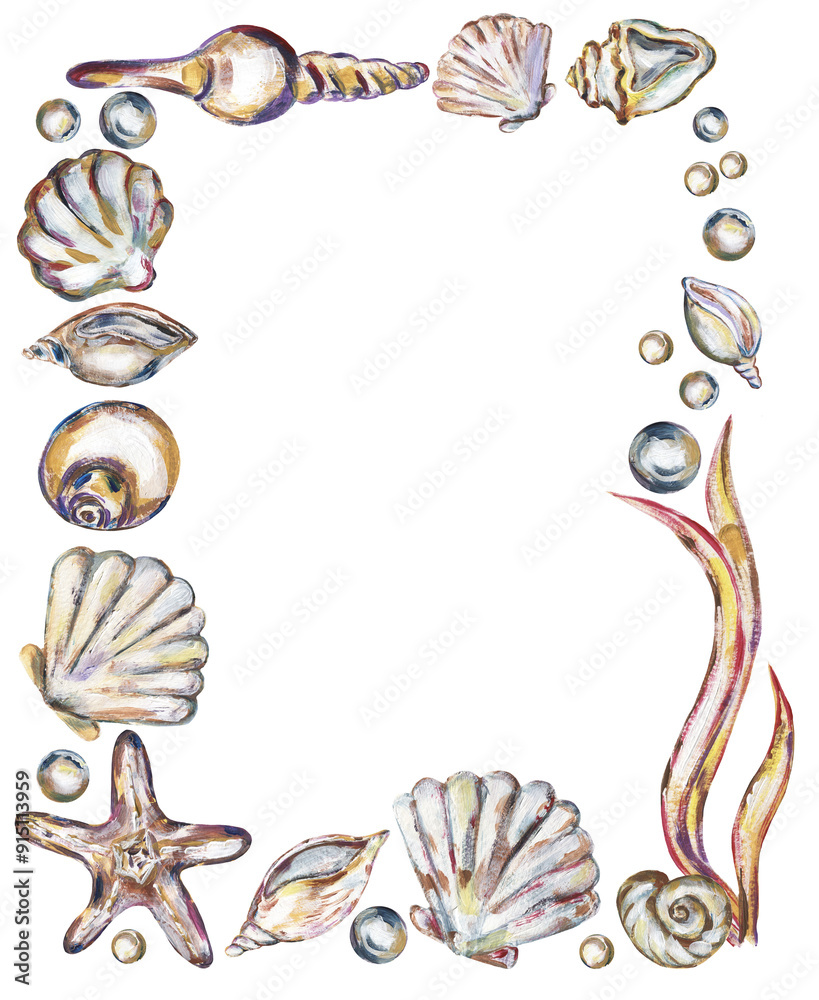 Graphic acrylic hand drawn sea shells frame, sea star and corals wreath illustration, ocean life border clipart Graphic acrylic hand drawn sea shells frame, sea star and corals wreath illustration, ocean life border clipart