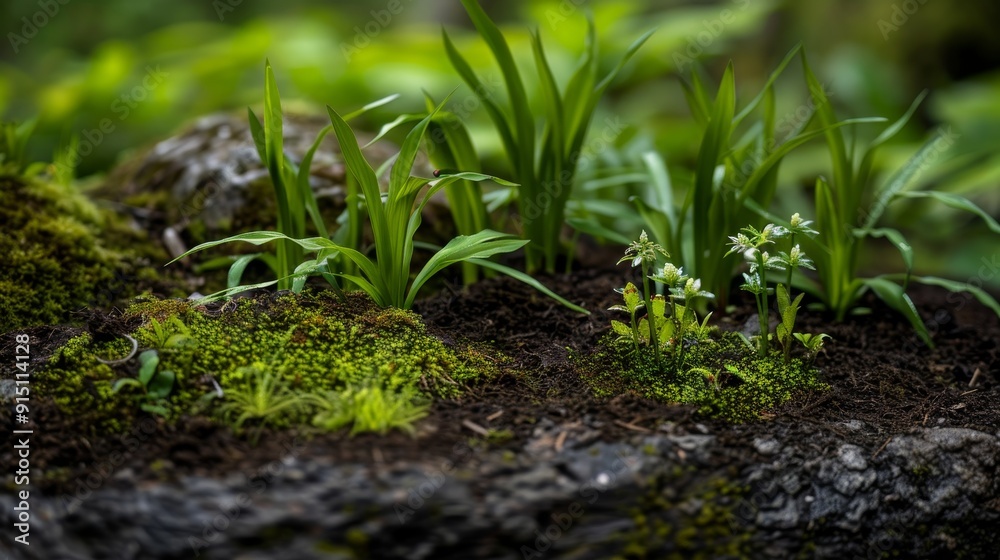 Obraz premium A Close-Up View of Lush Green Moss and Small Plants on a Forest