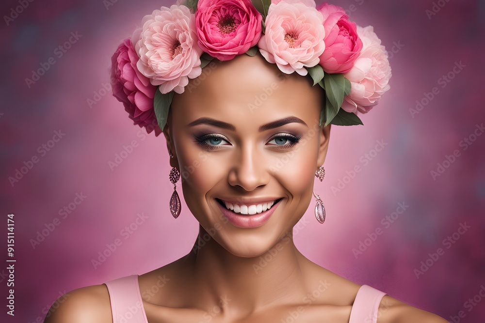 Fototapeta premium Portrait of a beautiful young woman with pink flowers on her head. Breast Cancer Awareness Month