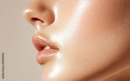 Close-up of a woman's face with glowing, healthy skin.  The photo highlights the natural beauty of the skin and its radiance.