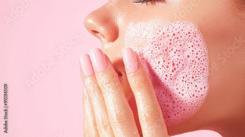 Close-up of a woman's face with pink foam cleanser on her cheek. photo