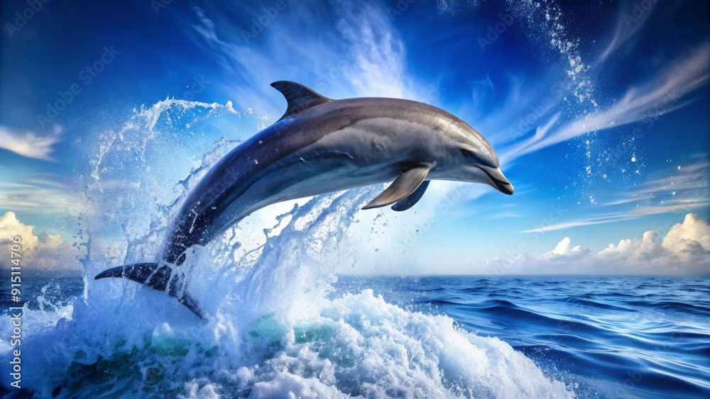 Naklejka premium Dolphin Leaps Through Waves - A Vibrant Blue Sky Backdrop - Photography, Marine Life, Nature, Ocean, Wildlife, Aquatic, Mammal