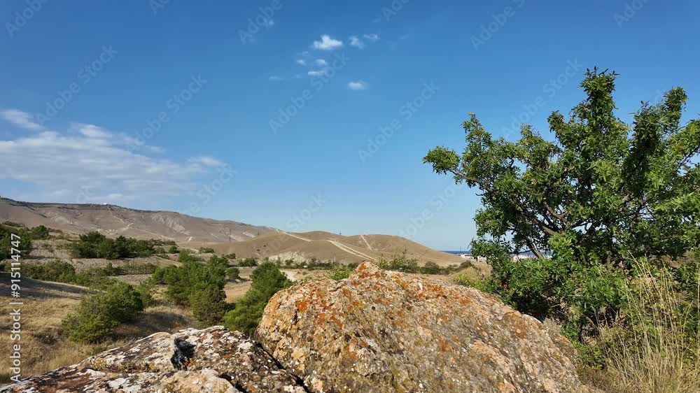 A tranquil moment unfolds in Crimea, showcasing rugged rocks, vibrant greenery, and distant hills beneath a clear sky. A tranquil moment unfolds in Crimea, showcasing rugged rocks, vibrant greenery, and distant hills beneath a clear sky.