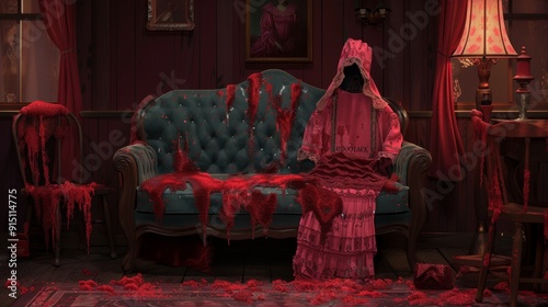 A Blood-Stained Figure in a Red Robe Sits on a Couch in a Dark R