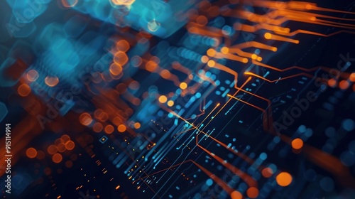 Abstract Circuit Board with Orange and Blue Lights