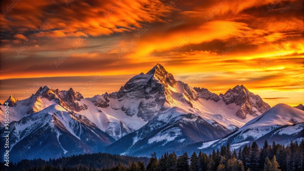 Obraz premium Beautiful sunset casting warm hues over the snowy mountain peaks , sunset, mountains, snow, winter, nature, landscape, dusk