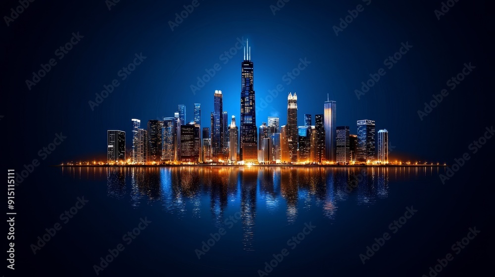 Fototapeta premium A stunning skyline view featuring modern skyscrapers illuminated against a dark blue night sky.