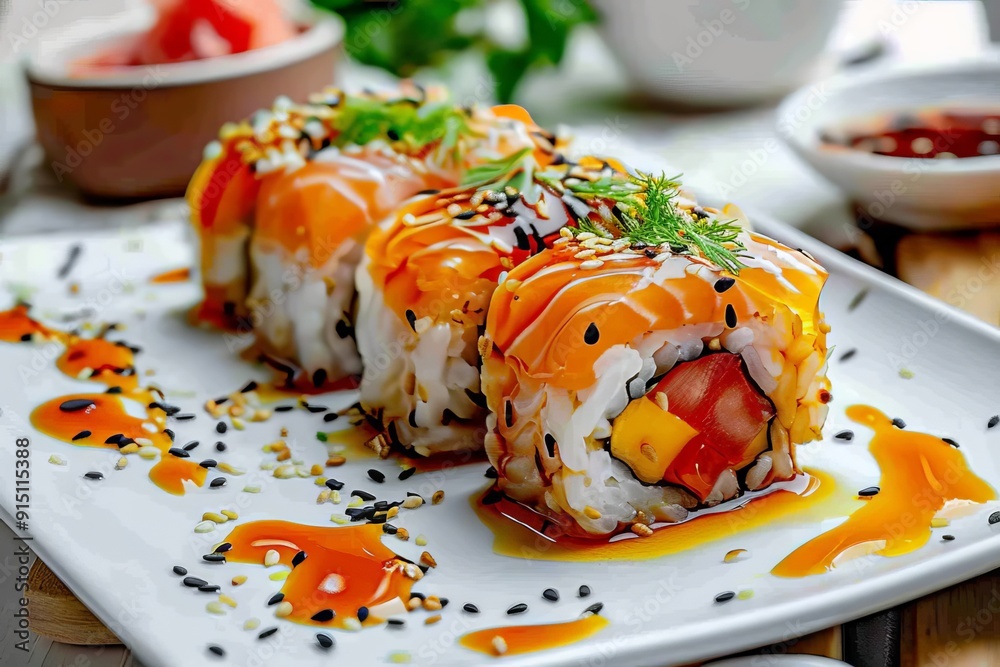 Tomato Sushi, Red Vegetable Uramaki Sushi Rolls, Fusion Maki Sushi with Rice, Cheese, Tomatoes Tomato Sushi, Red Vegetable Uramaki Sushi Rolls, Fusion Maki Sushi with Rice, Cheese, Tomatoes