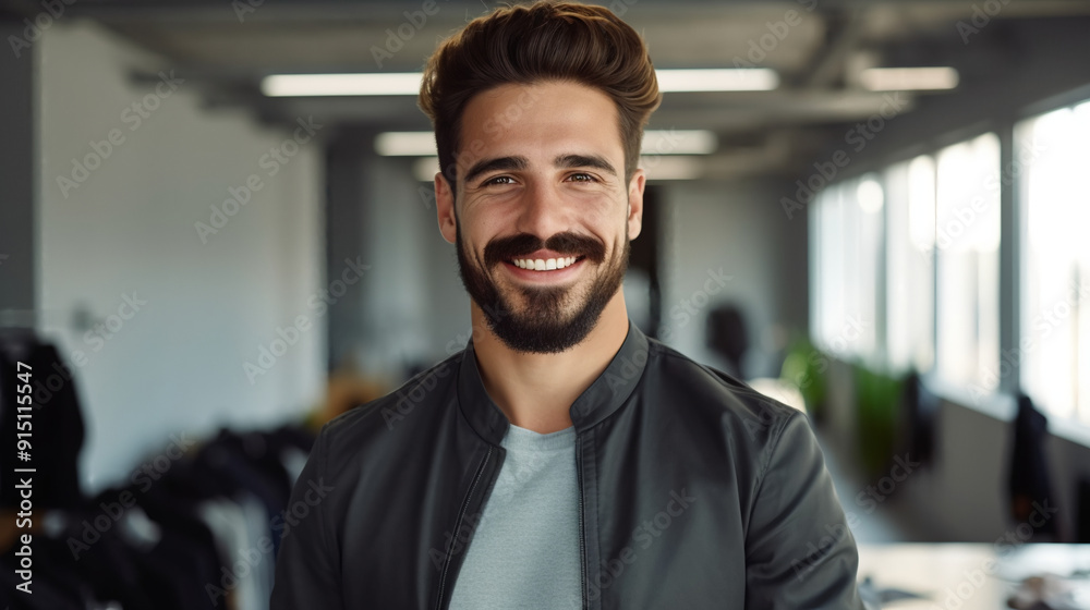 Obraz premium Portrait of a handsome smiling young man with a beard looking at the camera in an office.