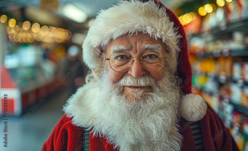 A smiling santa with a red hat and glasses stands in a store A smiling santa with a red hat and glasses stands in a store