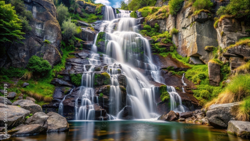 Obraz premium Waterfall cascading down steep mountain rocks , Water, Nature, Flowing, Fresh, Scenic, Beauty, Outdoor, Landscape, Rocky