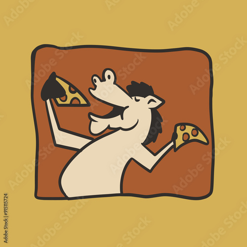 Cartoon Funny Horse Mascot Eating Pizza Vector