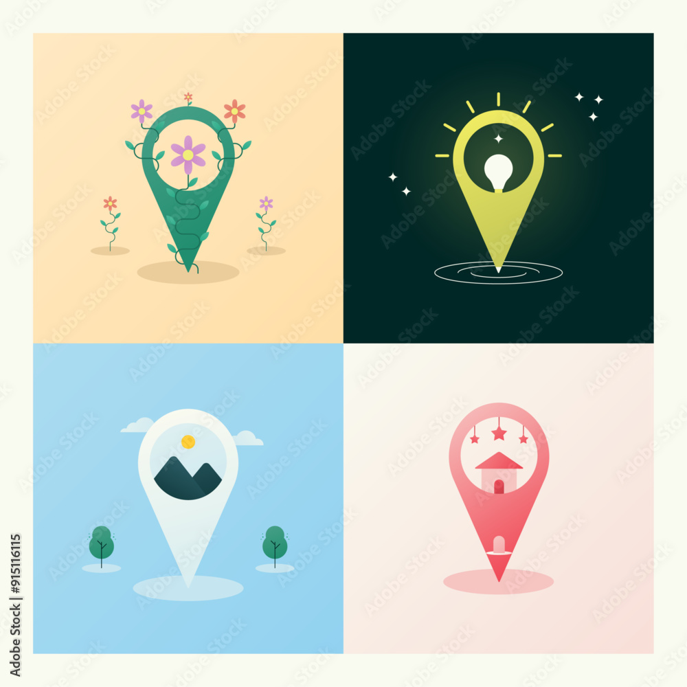 Collection of location pin illustrations with flowers, a light bulb, a mountain, trees, a house, and stars. Collection of location pin illustrations with flowers, a light bulb, a mountain, trees, a house, and stars.