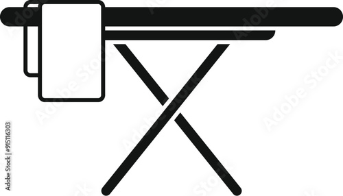 Black and white icon of an empty ironing board with folded clothes waiting to be ironed